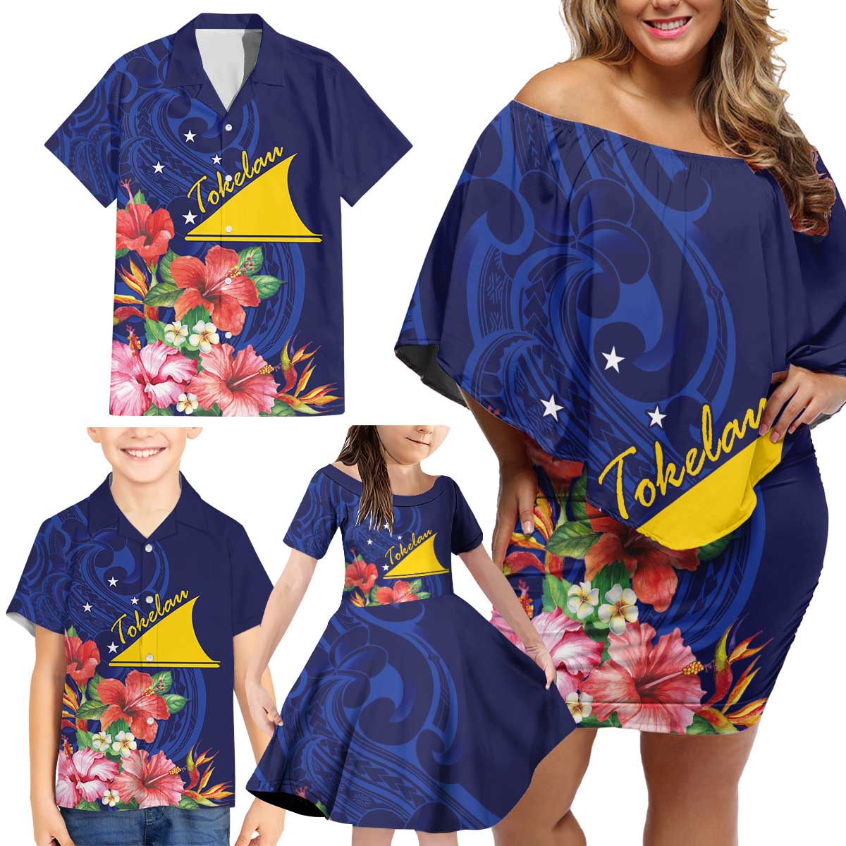 Personalised Tokelau Tropical Hibiscus Family Matching Off Shoulder Short Dress and Hawaiian Shirt With Polynesian Plumeria Tattoo