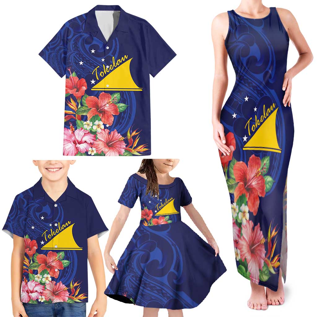 Personalised Tokelau Tropical Hibiscus Family Matching Tank Maxi Dress and Hawaiian Shirt With Polynesian Plumeria Tattoo