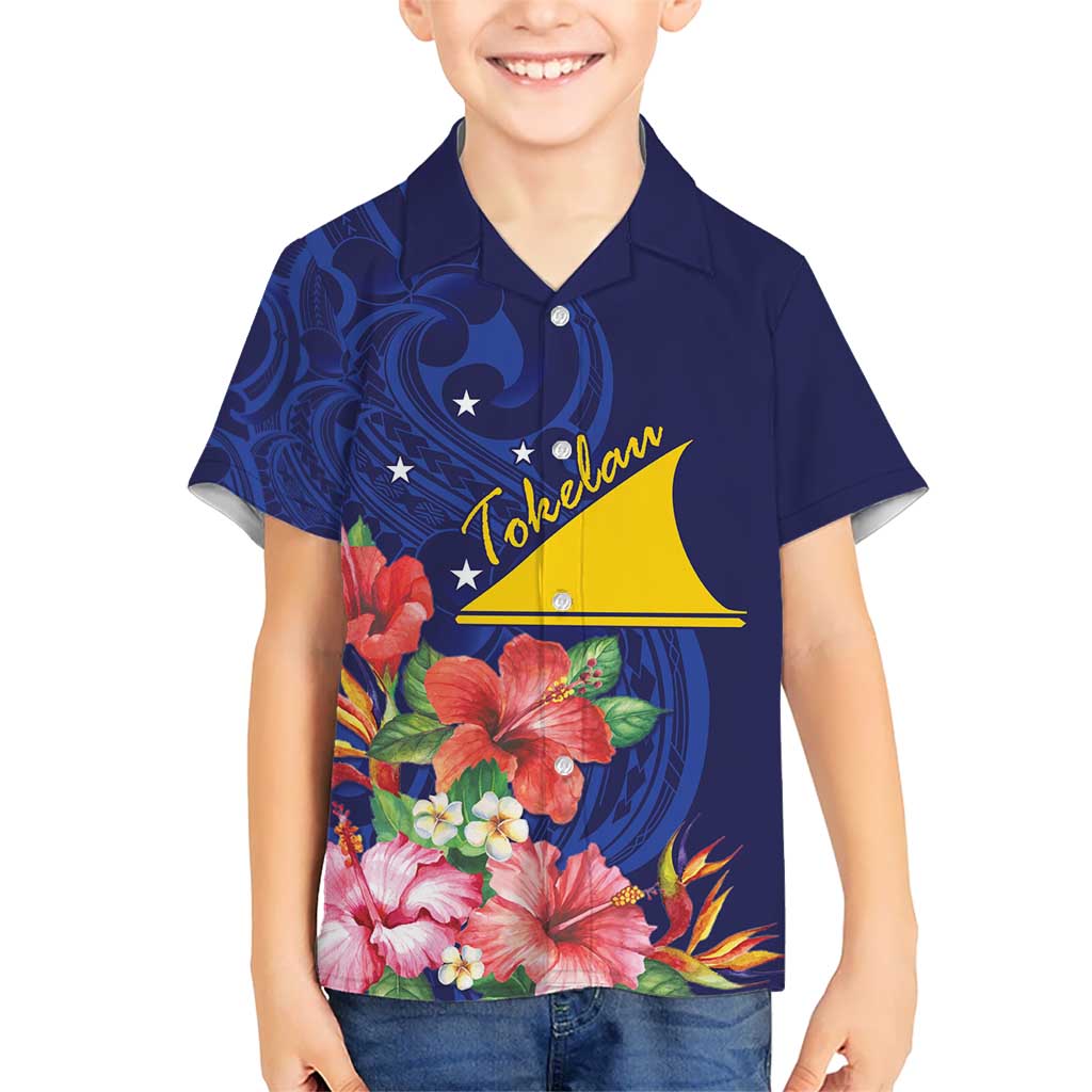Personalised Tokelau Tropical Hibiscus Kid Hawaiian Shirt With Polynesian Plumeria Tattoo LT9 Kid Blue - Polynesian Pride