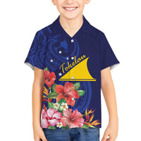 Personalised Tokelau Tropical Hibiscus Kid Hawaiian Shirt With Polynesian Plumeria Tattoo LT9 Kid Blue - Polynesian Pride
