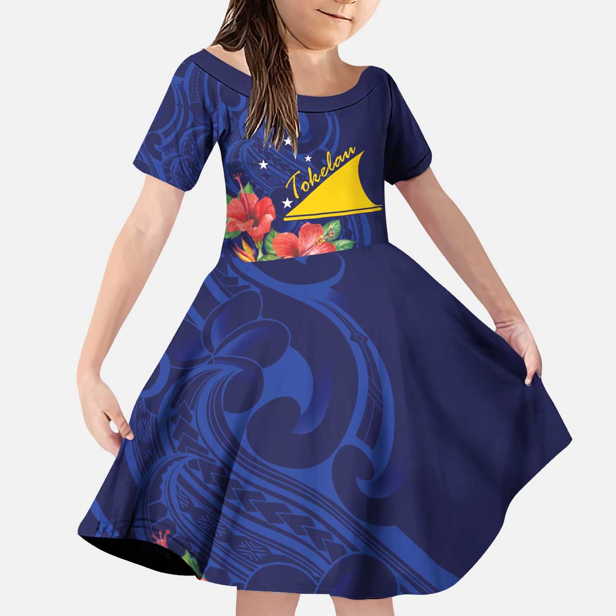 Personalised Tokelau Tropical Hibiscus Kid Short Sleeve Dress With Polynesian Plumeria Tattoo