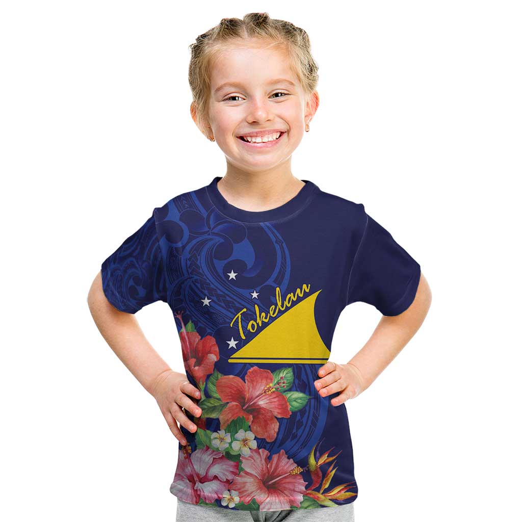 Personalised Tokelau Tropical Hibiscus Kid T Shirt With Polynesian Plumeria Tattoo LT9 Blue - Polynesian Pride