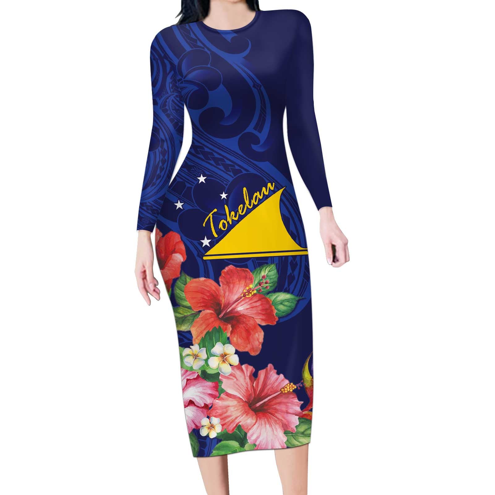 Personalised Tokelau Tropical Hibiscus Long Sleeve Bodycon Dress With Polynesian Plumeria Tattoo