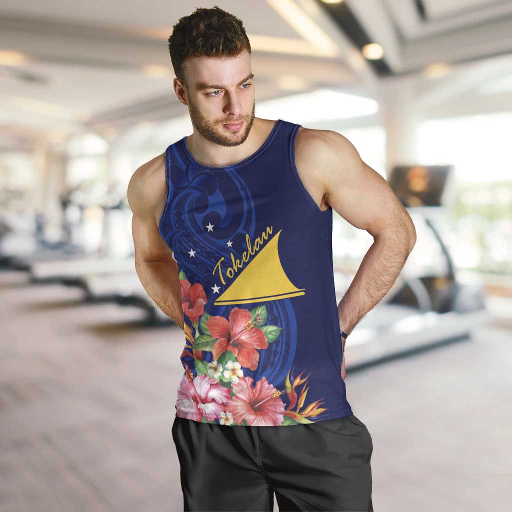 Personalised Tokelau Tropical Hibiscus Men Tank Top With Polynesian Plumeria Tattoo LT9 Blue - Polynesian Pride