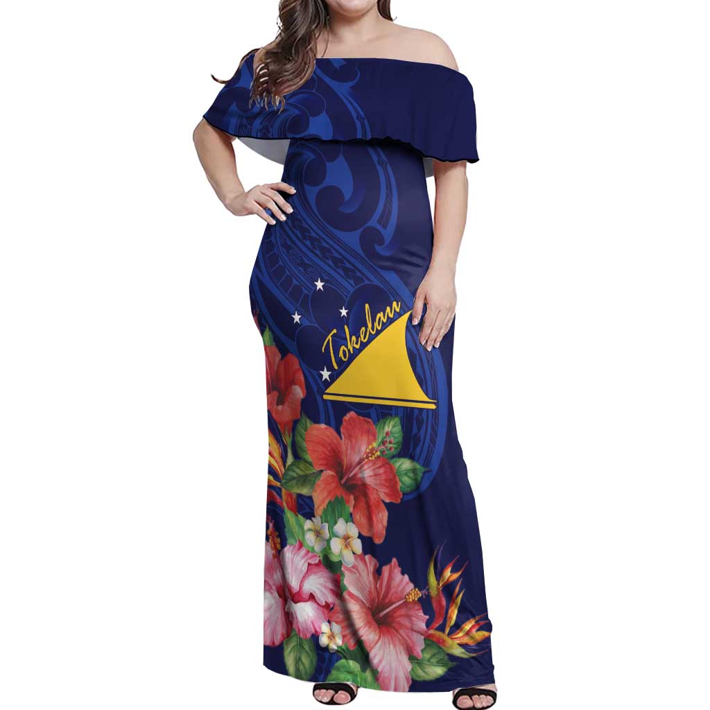 Personalised Tokelau Tropical Hibiscus Off Shoulder Maxi Dress With Polynesian Plumeria Tattoo