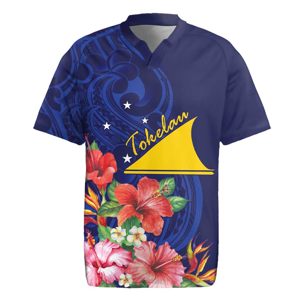 Personalised Tokelau Tropical Hibiscus Rugby Jersey With Polynesian Plumeria Tattoo