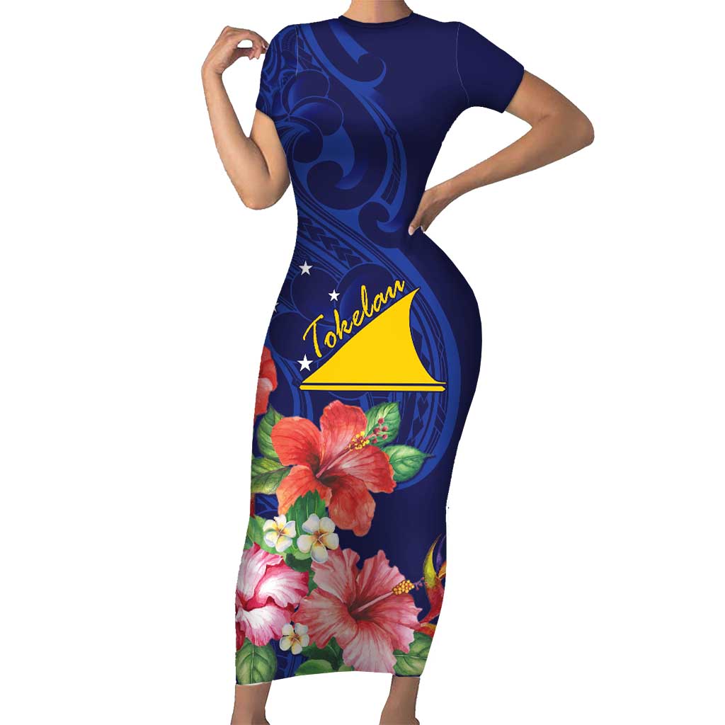 Personalised Tokelau Tropical Hibiscus Short Sleeve Bodycon Dress With Polynesian Plumeria Tattoo