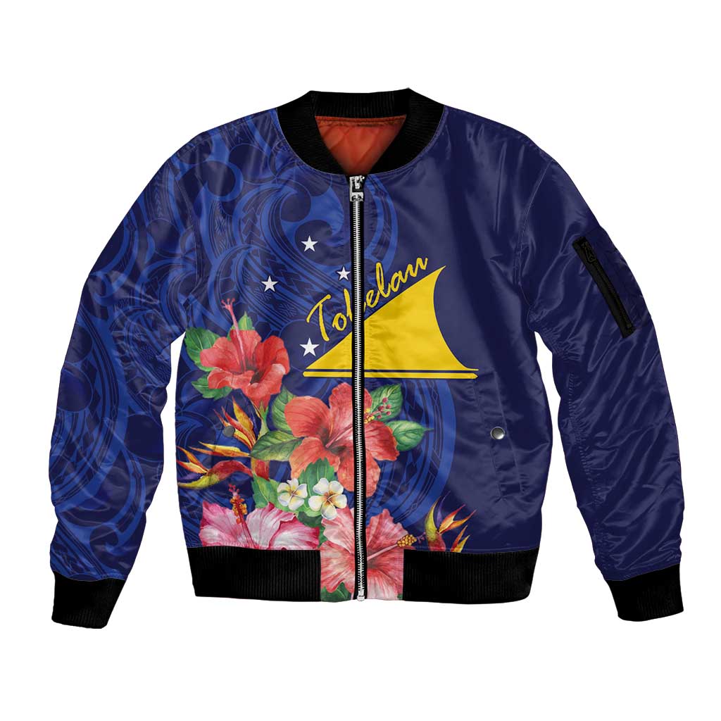 Personalised Tokelau Tropical Hibiscus Sleeve Zip Bomber Jacket With Polynesian Plumeria Tattoo