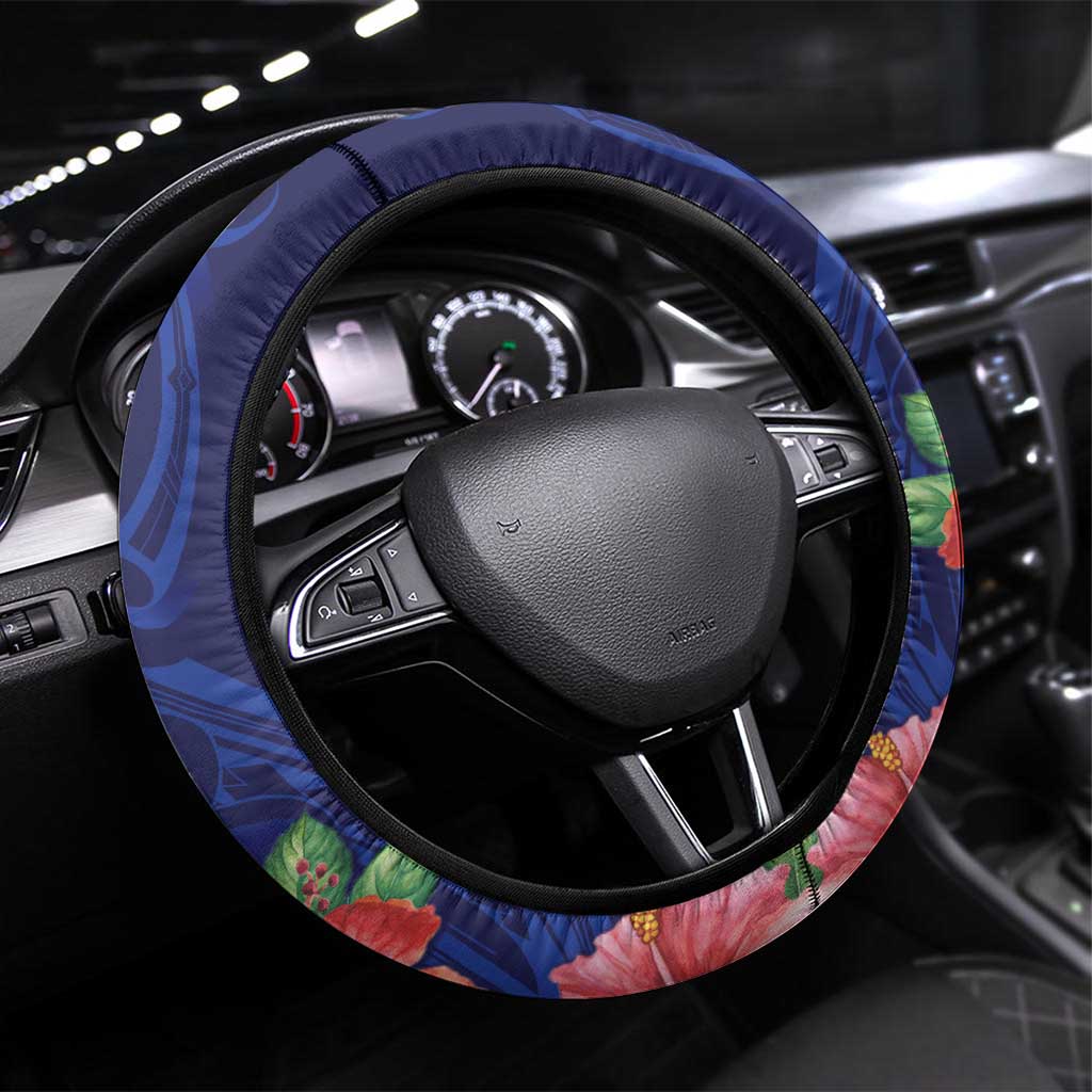 Tokelau Tropical Hibiscus Steering Wheel Cover With Polynesian Plumeria Tattoo