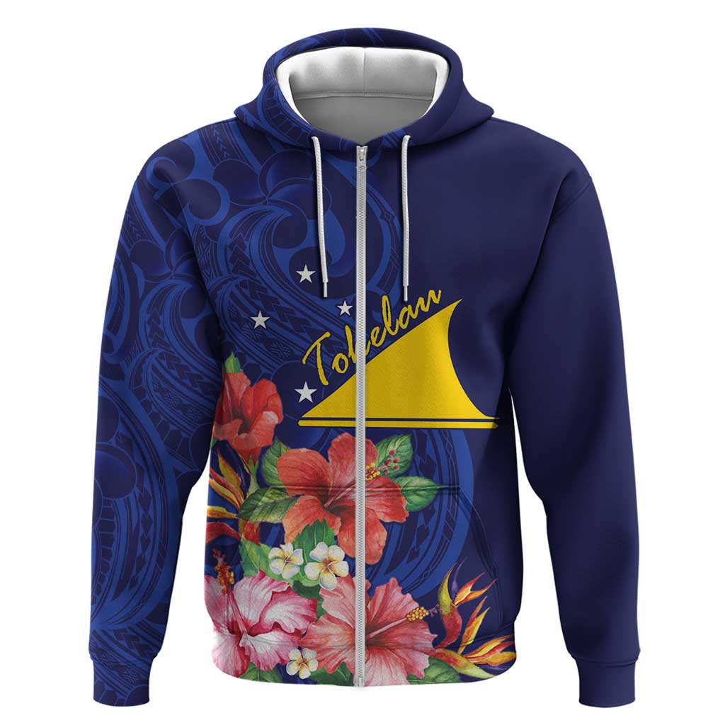 Personalised Tokelau Tropical Hibiscus Zip Hoodie With Polynesian Plumeria Tattoo