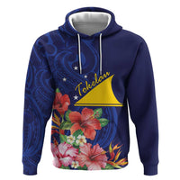 Personalised Tokelau Tropical Hibiscus Zip Hoodie With Polynesian Plumeria Tattoo LT9 Pullover Hoodie Blue - Polynesian Pride