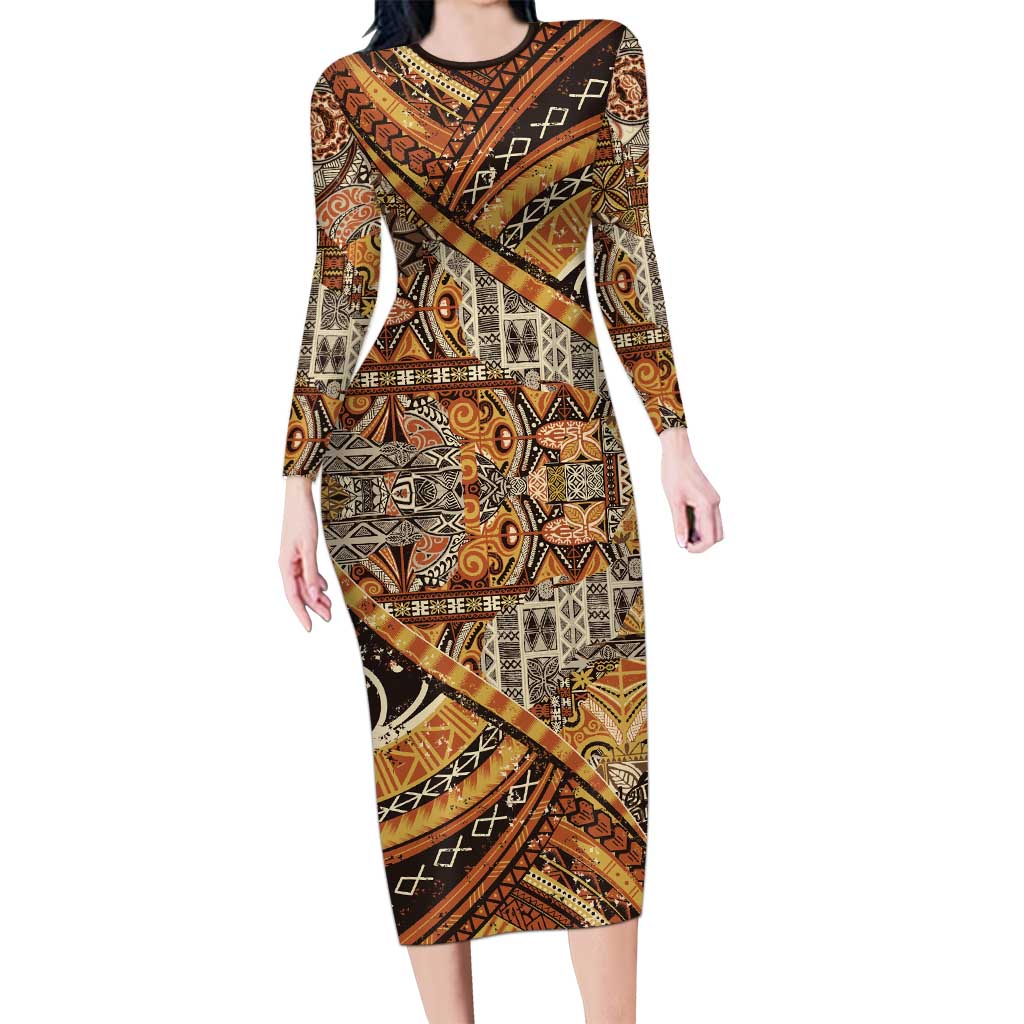 Hawaiian Style Tapa Long Sleeve Bodycon Dress Vintage Seamless Pattern LT9 Long Dress Red - Polynesian Pride