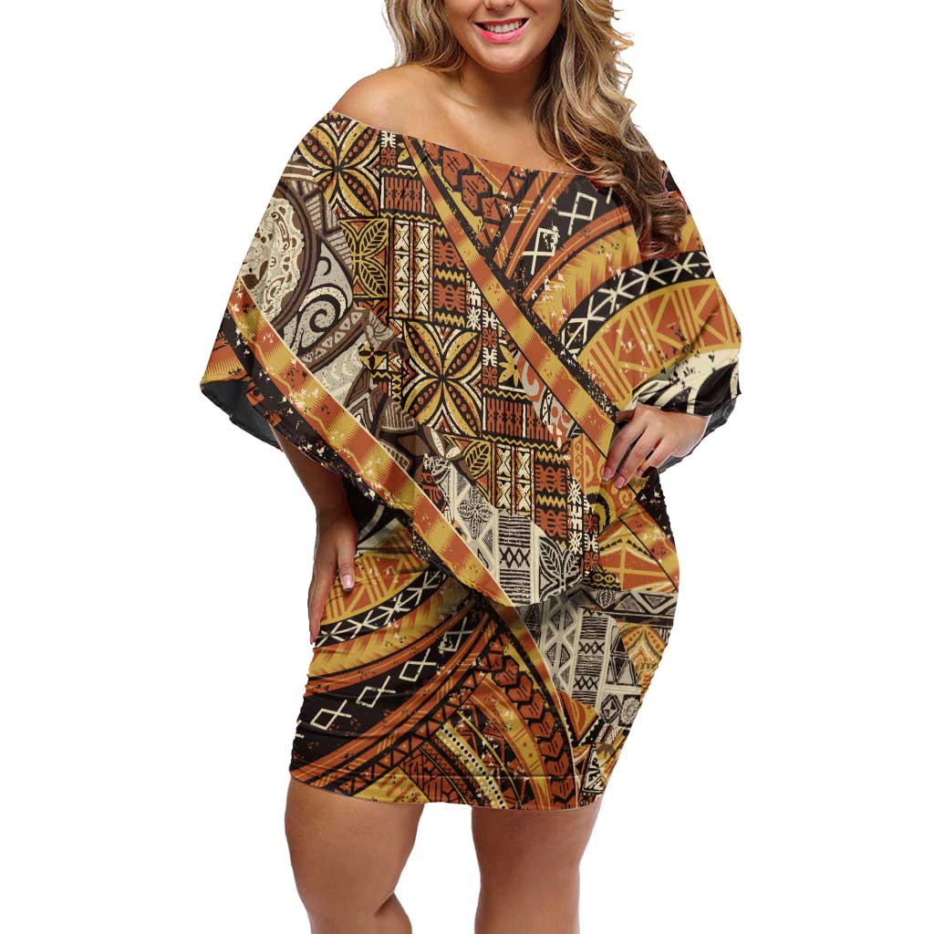 Hawaiian Style Tapa Off Shoulder Short Dress Vintage Seamless Pattern LT9 Women Red - Polynesian Pride
