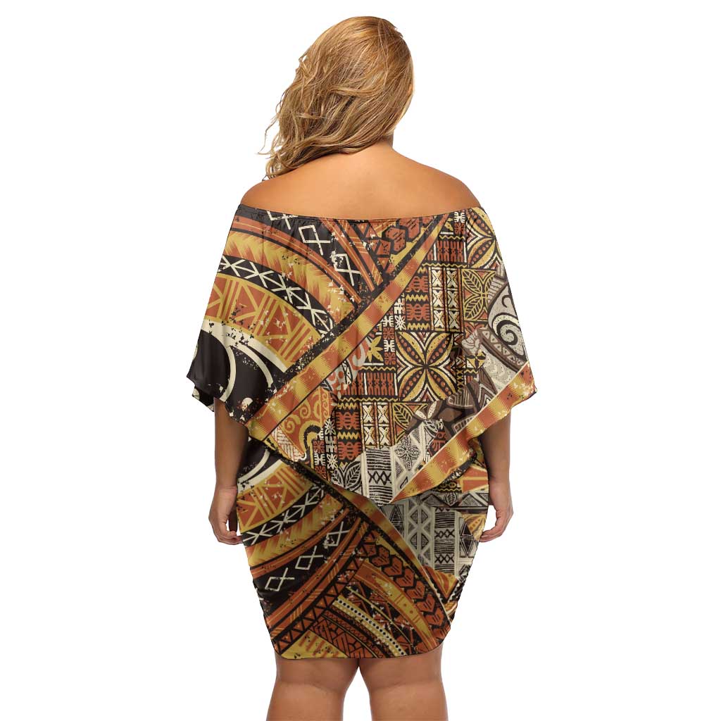 Hawaiian Style Tapa Off Shoulder Short Dress Vintage Seamless Pattern LT9 - Polynesian Pride