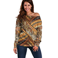 Hawaiian Style Tapa Off Shoulder Sweater Vintage Seamless Pattern LT9 Women Red - Polynesian Pride