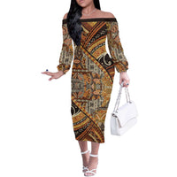 Hawaiian Style Tapa Off The Shoulder Long Sleeve Dress Vintage Seamless Pattern LT9 Women Red - Polynesian Pride