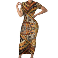 Hawaiian Style Tapa Short Sleeve Bodycon Dress Vintage Seamless Pattern LT9 Long Dress Red - Polynesian Pride