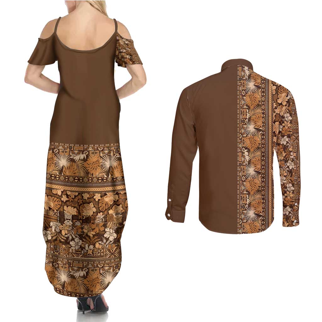 Hawaiian Tribal Elements Hibiscus Couples Matching Summer Maxi Dress and Long Sleeve Button Shirt Gold Pattern LT9 - Polynesian Pride