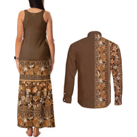 Hawaiian Tribal Elements Hibiscus Couples Matching Tank Maxi Dress and Long Sleeve Button Shirt Gold Pattern LT9 - Polynesian Pride