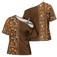 Hawaiian Tribal Elements Hibiscus Cross Shoulder Shirt Gold Pattern LT9 - Polynesian Pride