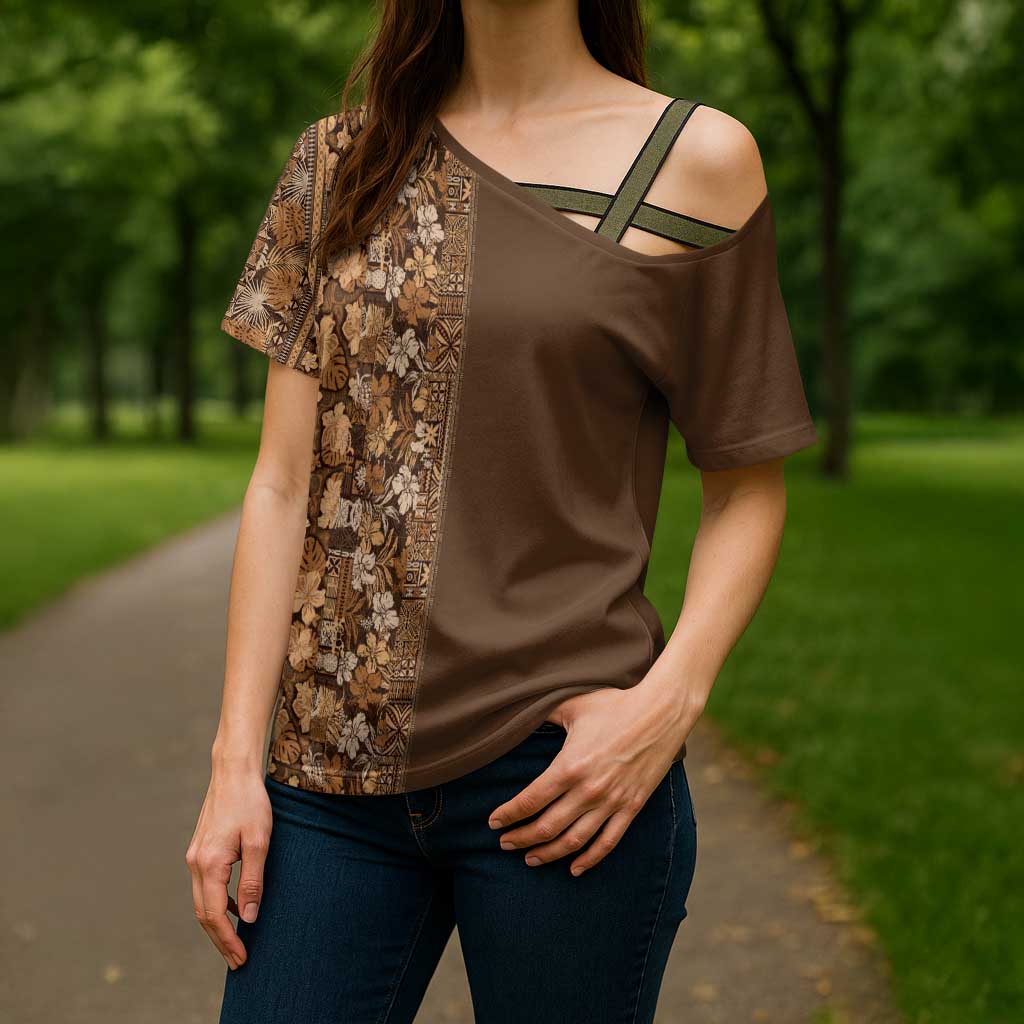 Hawaiian Tribal Elements Hibiscus Cross Shoulder Shirt Gold Pattern LT9 - Polynesian Pride