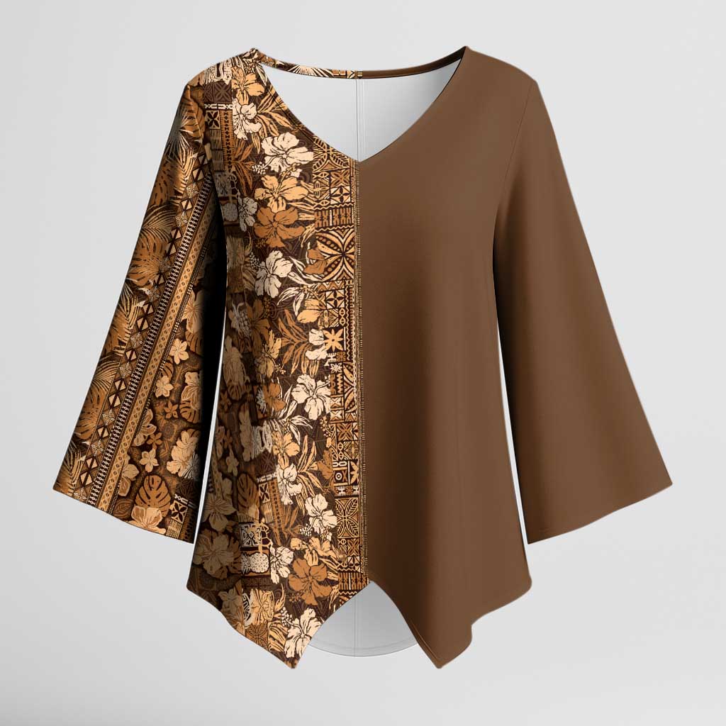 Hawaiian Tribal Elements Hibiscus Kimono Sleeve Blouse Gold Pattern LT9 Female Gold - Polynesian Pride