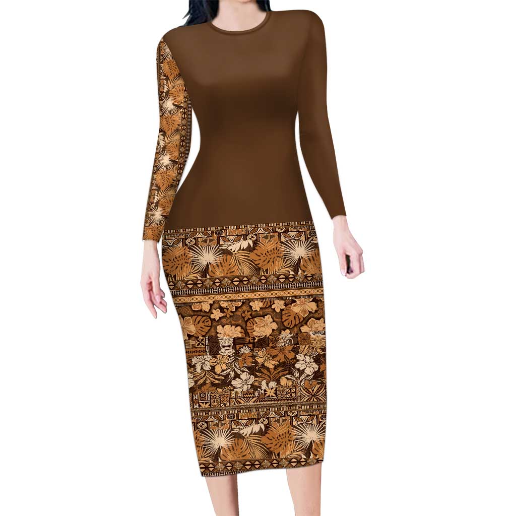 Hawaiian Tribal Elements Hibiscus Long Sleeve Bodycon Dress Gold Pattern LT9 Long Dress Gold - Polynesian Pride