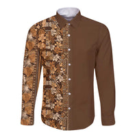 Hawaiian Tribal Elements Hibiscus Long Sleeve Button Shirt Gold Pattern LT9 Unisex Gold - Polynesian Pride