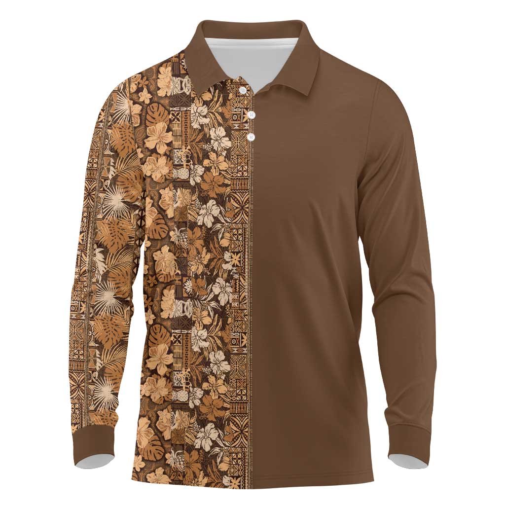 Hawaiian Tribal Elements Hibiscus Long Sleeve Polo Shirt Gold Pattern LT9 Gold - Polynesian Pride