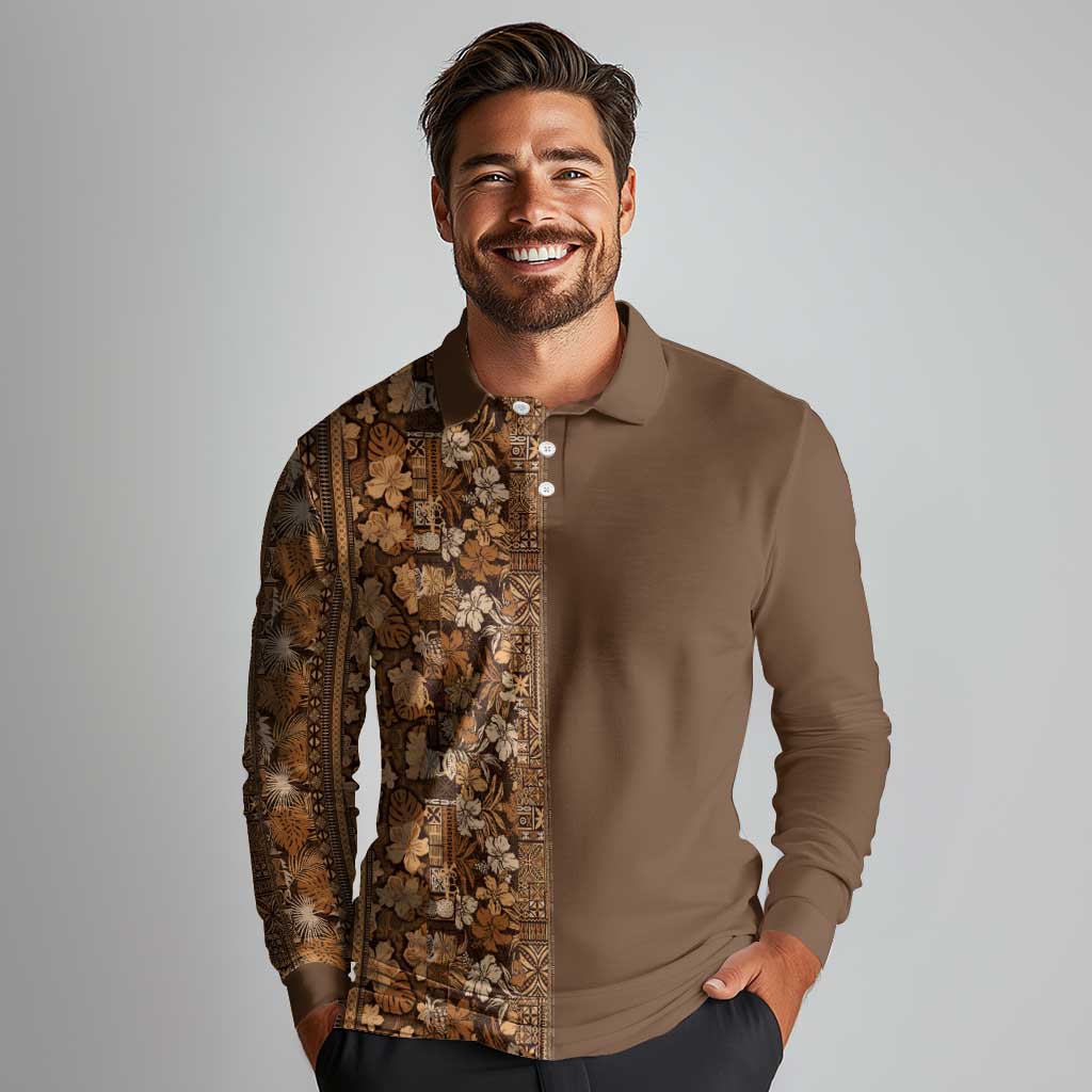 Hawaiian Tribal Elements Hibiscus Long Sleeve Polo Shirt Gold Pattern LT9 - Polynesian Pride