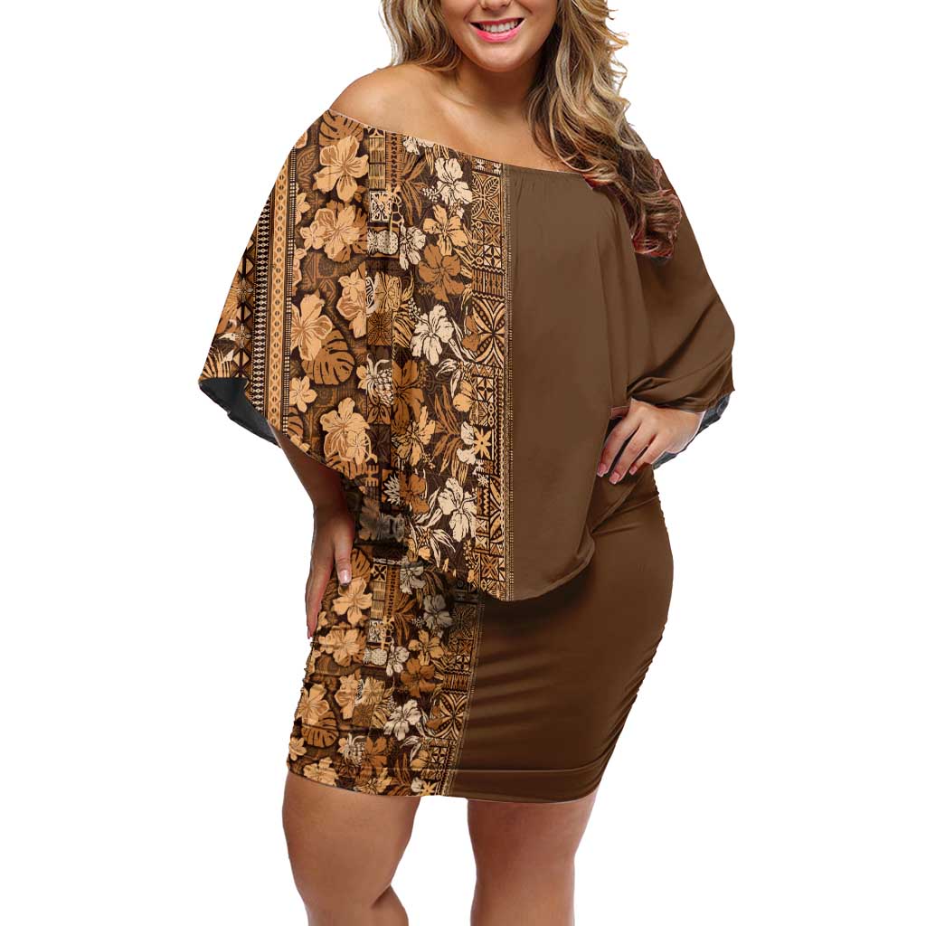 Hawaiian Tribal Elements Hibiscus Off Shoulder Short Dress Gold Pattern LT9 Women Gold - Polynesian Pride
