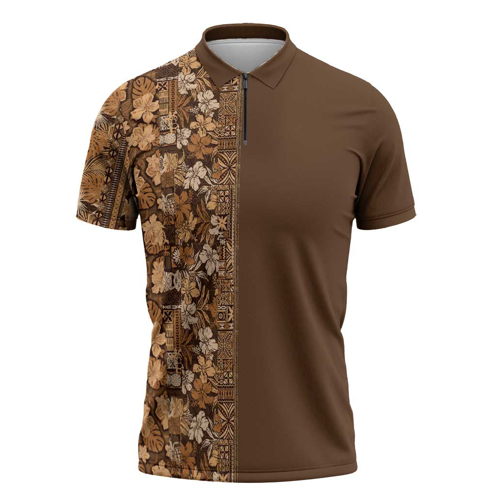Hawaiian Tribal Elements Hibiscus Zipper Polo Shirt Gold Pattern LT9 Gold - Polynesian Pride