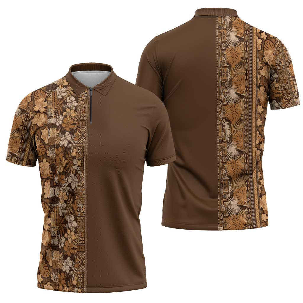 Hawaiian Tribal Elements Hibiscus Zipper Polo Shirt Gold Pattern LT9 - Polynesian Pride