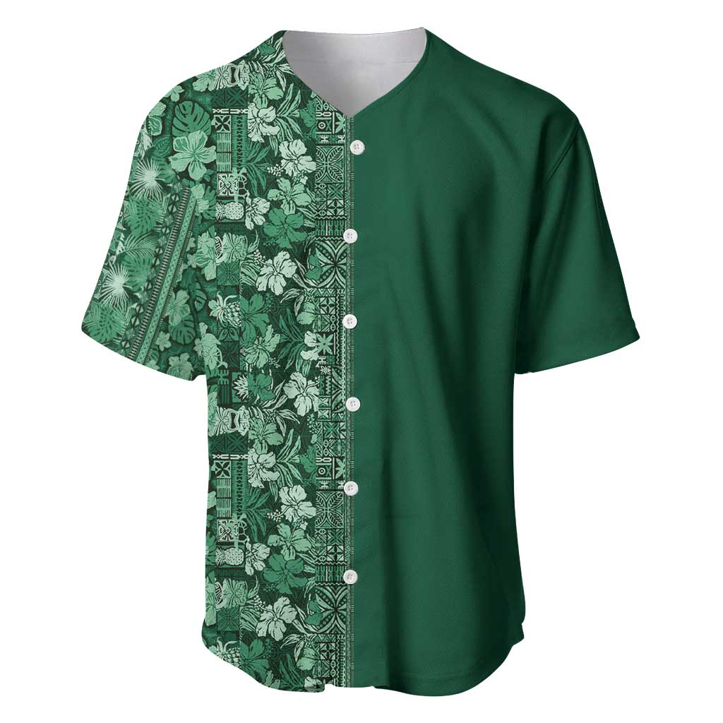 Hawaiian Tribal Elements Hibiscus Baseball Jersey Green Pattern LT9 Green - Polynesian Pride