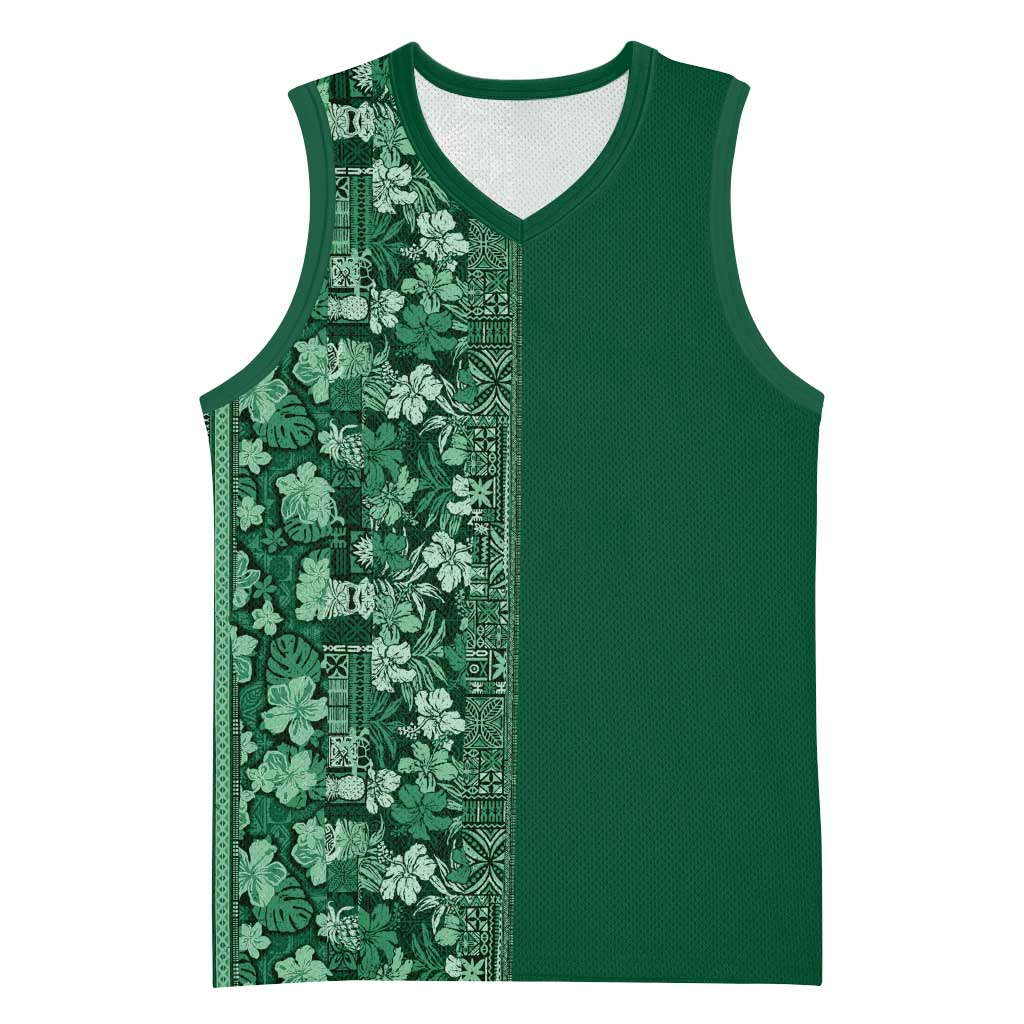 Hawaiian Tribal Elements Hibiscus Basketball Jersey Green Pattern LT9 Unisex Green - Polynesian Pride