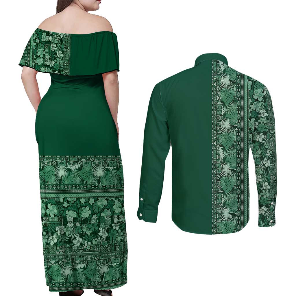 Hawaiian Tribal Elements Hibiscus Couples Matching Off Shoulder Maxi Dress and Long Sleeve Button Shirt Green Pattern LT9 - Polynesian Pride