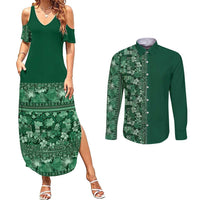 Hawaiian Tribal Elements Hibiscus Couples Matching Summer Maxi Dress and Long Sleeve Button Shirt Green Pattern LT9 Green - Polynesian Pride