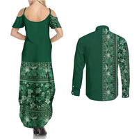 Hawaiian Tribal Elements Hibiscus Couples Matching Summer Maxi Dress and Long Sleeve Button Shirt Green Pattern LT9 - Polynesian Pride
