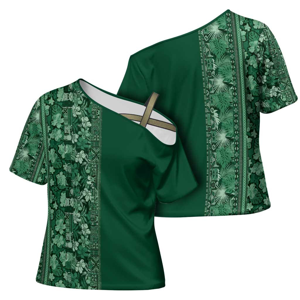 Hawaiian Tribal Elements Hibiscus Cross Shoulder Shirt Green Pattern LT9 - Polynesian Pride