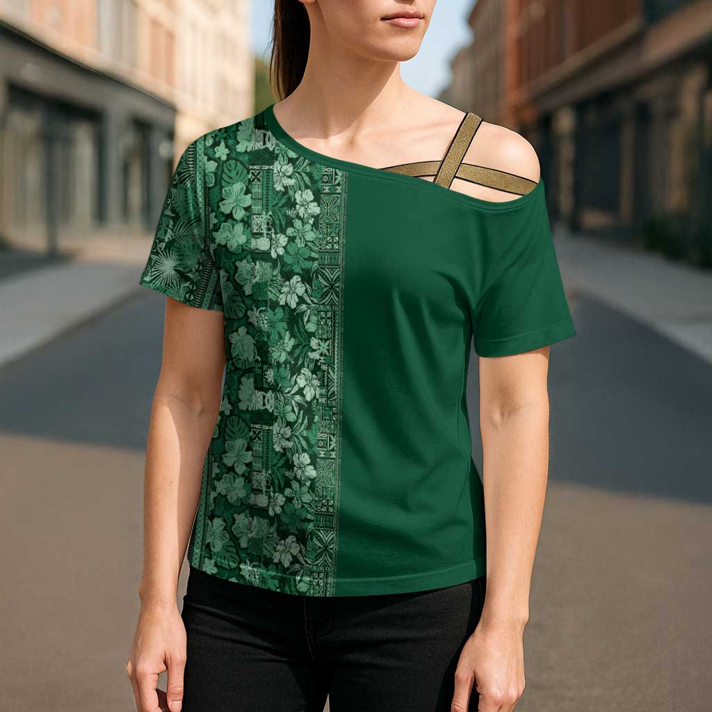 Hawaiian Tribal Elements Hibiscus Cross Shoulder Shirt Green Pattern LT9 - Polynesian Pride
