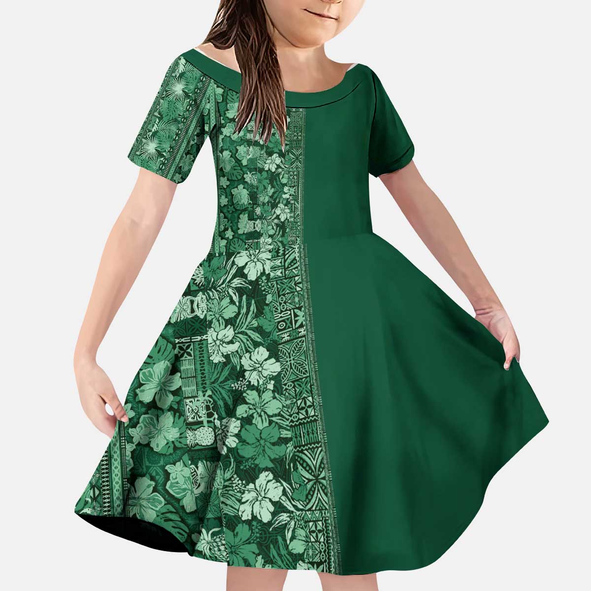 Hawaiian Tribal Elements Hibiscus Kid Short Sleeve Dress Green Pattern LT9 KID Green - Polynesian Pride