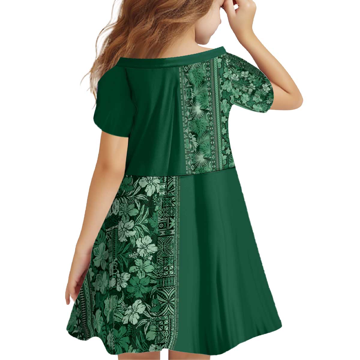 Hawaiian Tribal Elements Hibiscus Kid Short Sleeve Dress Green Pattern LT9 - Polynesian Pride