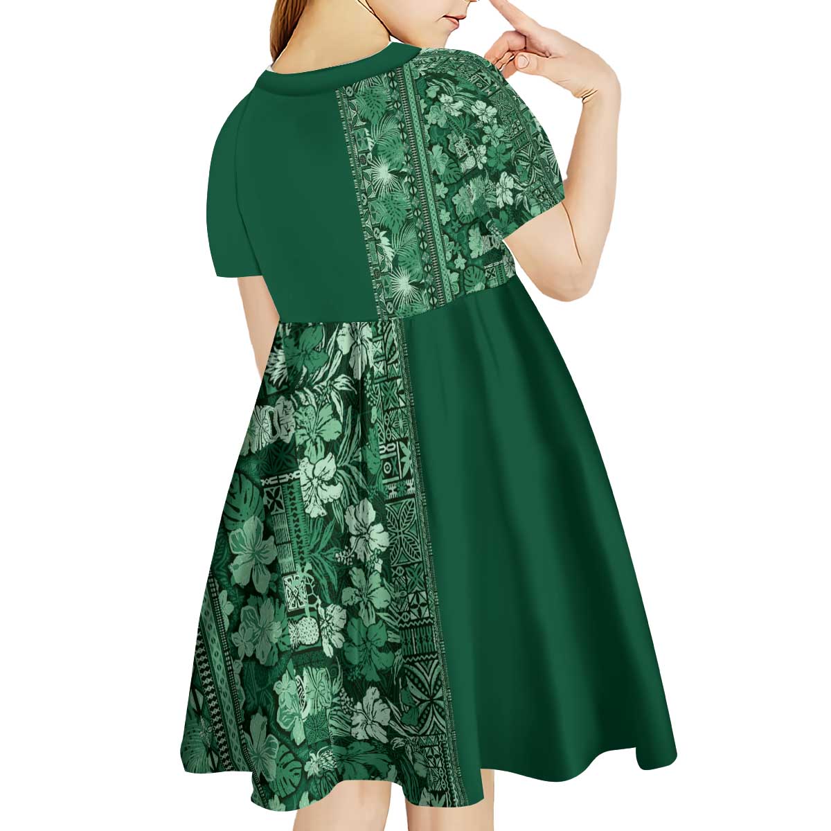 Hawaiian Tribal Elements Hibiscus Kid Short Sleeve Dress Green Pattern LT9 - Polynesian Pride