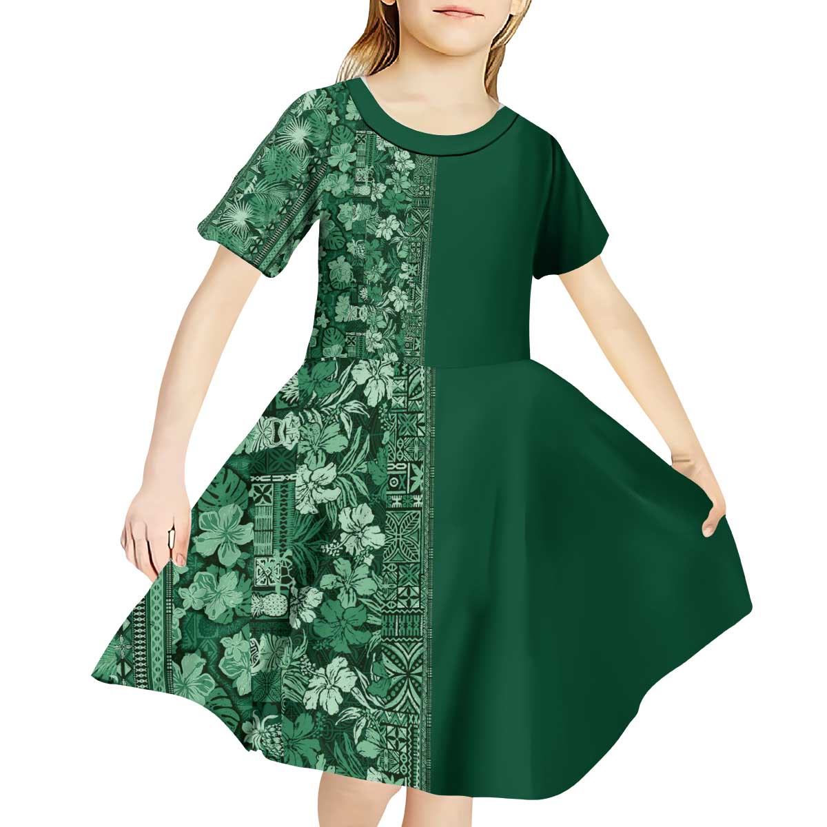 Hawaiian Tribal Elements Hibiscus Kid Short Sleeve Dress Green Pattern LT9 - Polynesian Pride