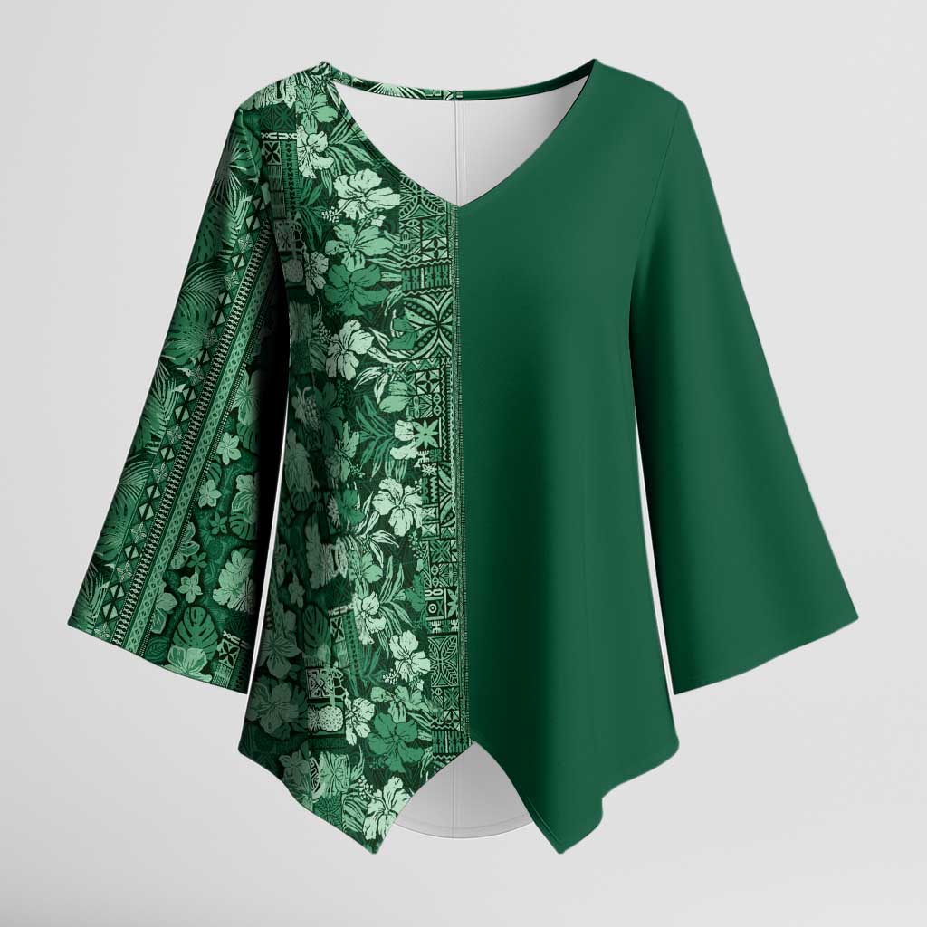 Hawaiian Tribal Elements Hibiscus Kimono Sleeve Blouse Green Pattern LT9 Female Green - Polynesian Pride