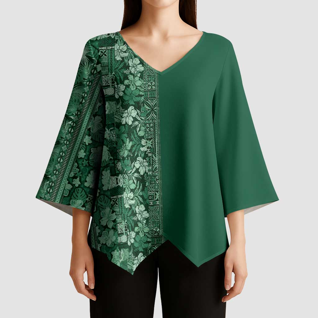 Hawaiian Tribal Elements Hibiscus Kimono Sleeve Blouse Green Pattern LT9 - Polynesian Pride