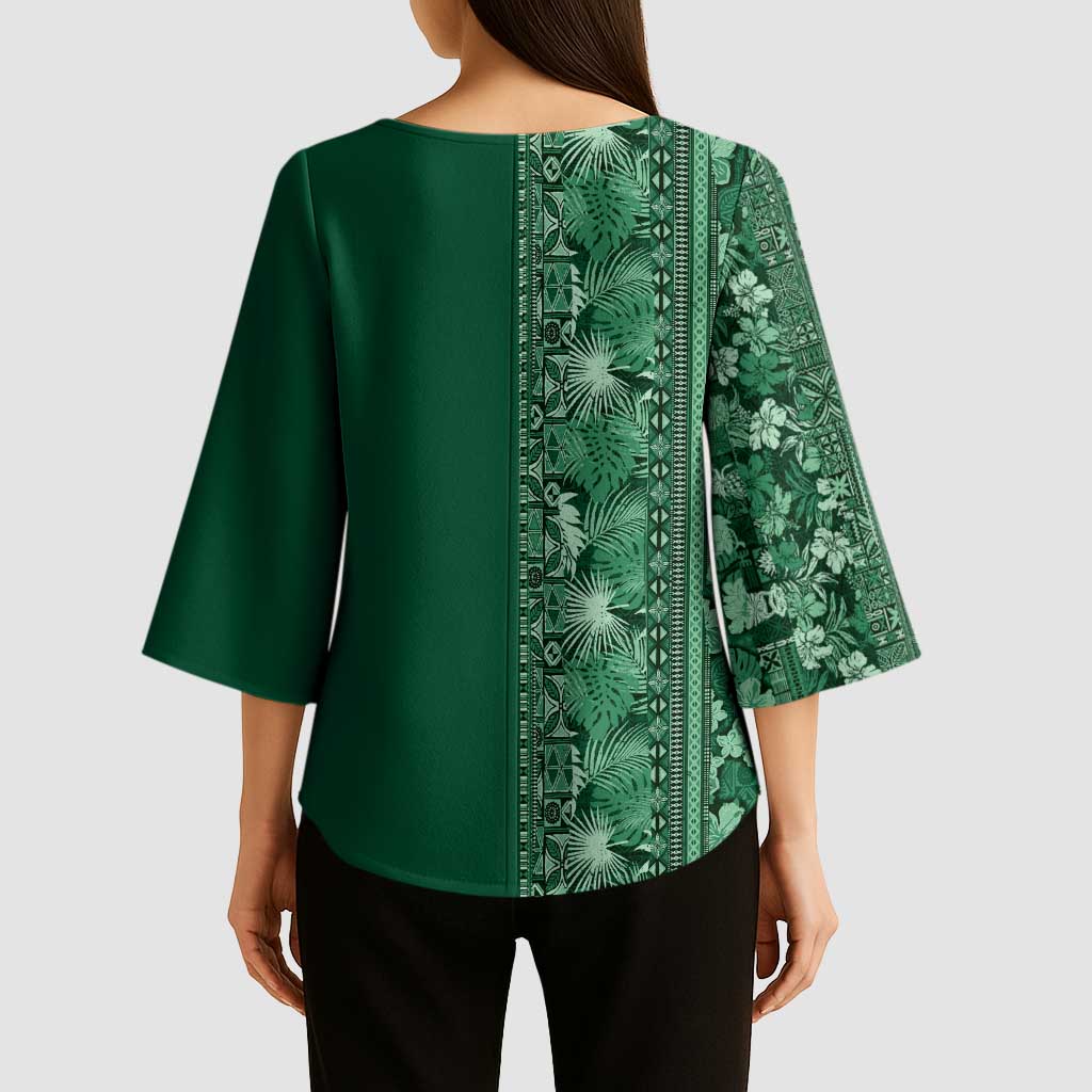 Hawaiian Tribal Elements Hibiscus Kimono Sleeve Blouse Green Pattern LT9 - Polynesian Pride