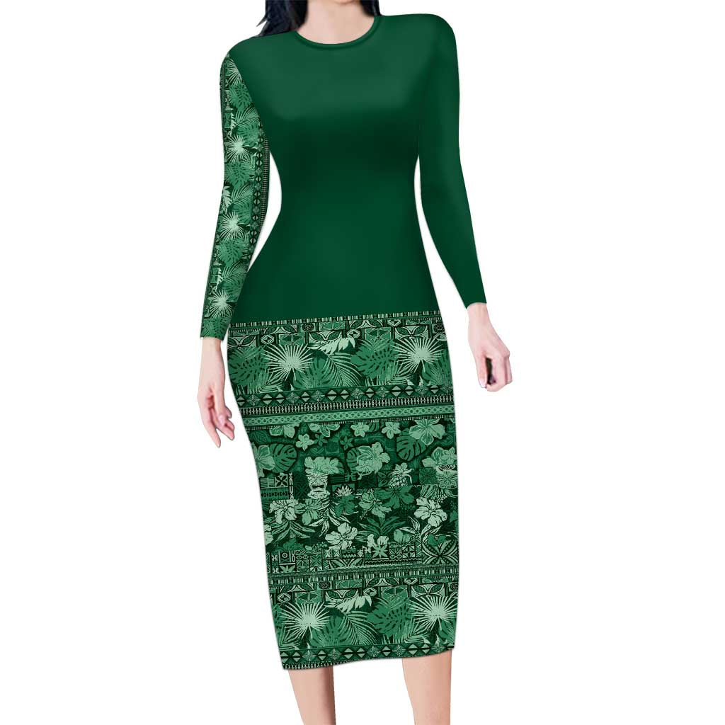 Hawaiian Tribal Elements Hibiscus Long Sleeve Bodycon Dress Green Pattern LT9 Long Dress Green - Polynesian Pride