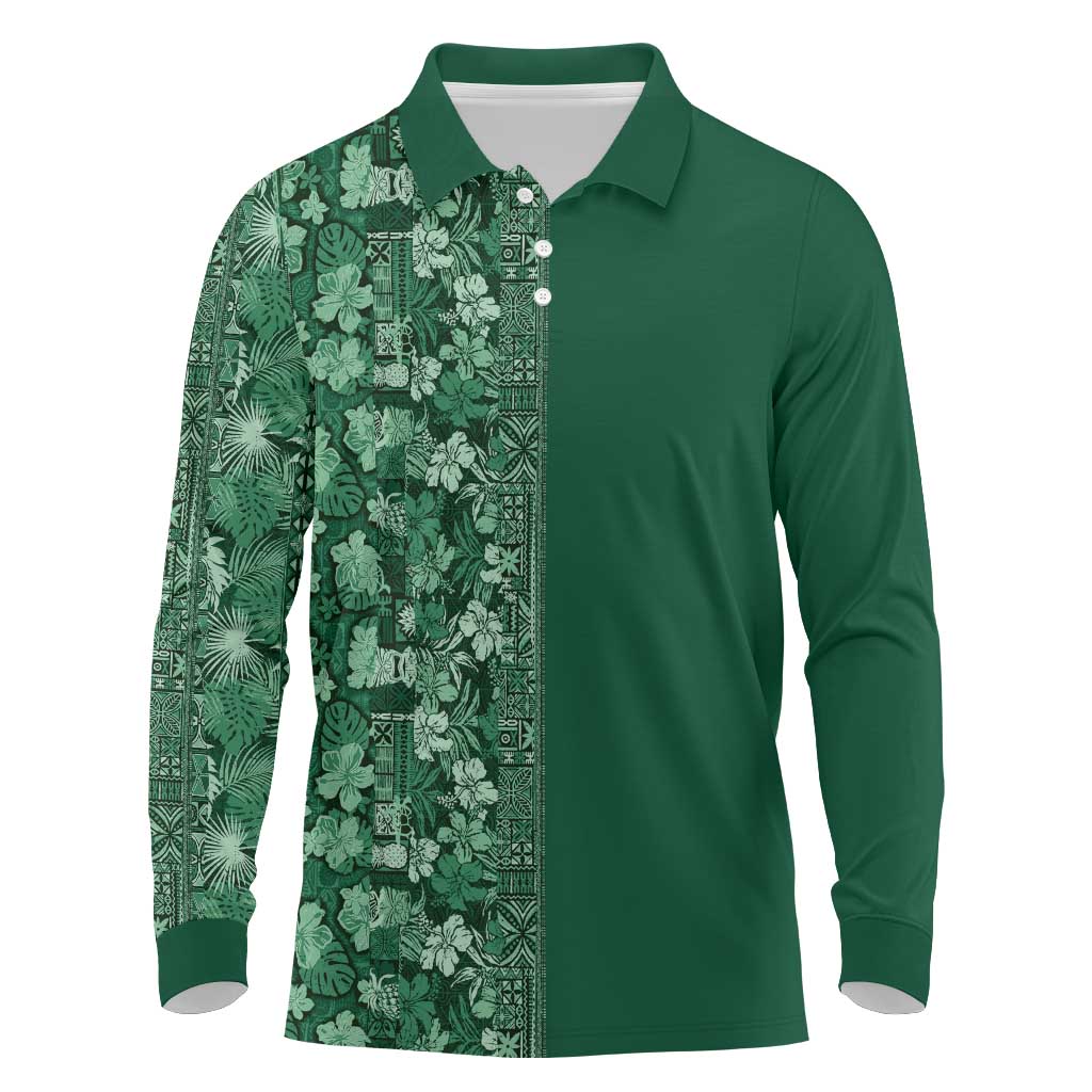 Hawaiian Tribal Elements Hibiscus Long Sleeve Polo Shirt Green Pattern LT9 Green - Polynesian Pride