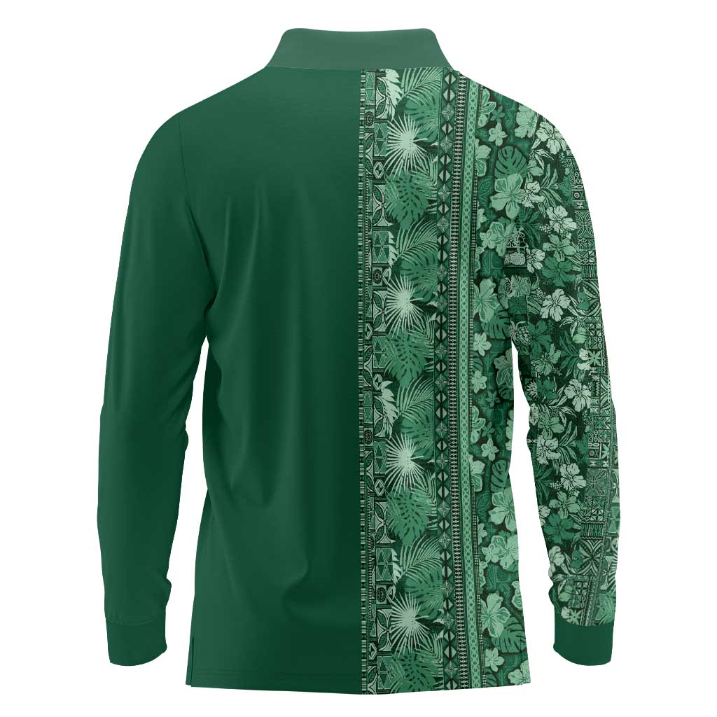 Hawaiian Tribal Elements Hibiscus Long Sleeve Polo Shirt Green Pattern LT9 - Polynesian Pride